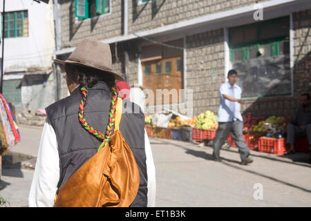 Tibetische Frau in traditioneller Kleidung zu Fuß auf Jogibara Straße Mcleod Ganj; Himachal Pradesh; Indien Stockfoto