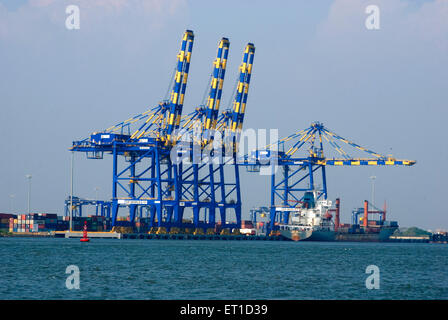 Große Kräne für Hebezeuge Cargo Container im Hafen, Cochin, Kerala, Indien Stockfoto