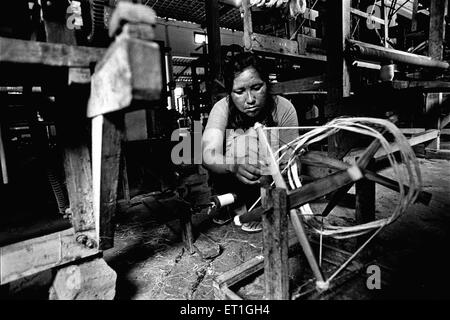 Bodo Tribal Woman working Spinning Wheel, Assam, Indien, Asien, Inder, Asiatisch Stockfoto