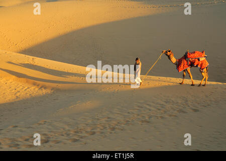 Kamel mit Besitzer zu Fuß in weichen Sand-Dünen bei Sam; Jaisalmer; Rajasthan; Indien Stockfoto