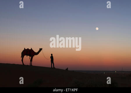 Mann mit Kamel Sam Jaisalmer Rajasthan Indien Asien Stockfoto