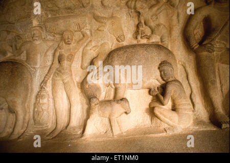 Skulpturen in Pancha Pandava Mandapa; Mahabalipuram Mamallapuram; Tamil Nadu; Indien Stockfoto