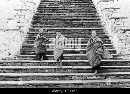 Junge Mönche kommen auf der Treppe von der alten Dzong; Kloster bei Paro; Bhutan Stockfoto