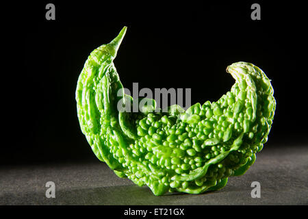 Pflanzliches; Bittermelone Momordica Charantia auf schwarzem Hintergrund 9. April 2010 Stockfoto