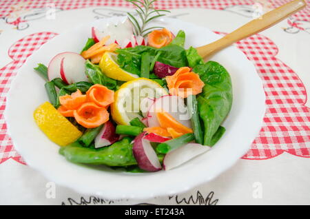 Frischer Salat mit Kopfsalat, Zitrone, Radieschen, Möhren, Rosmarin, Zwiebeln, Stockfoto