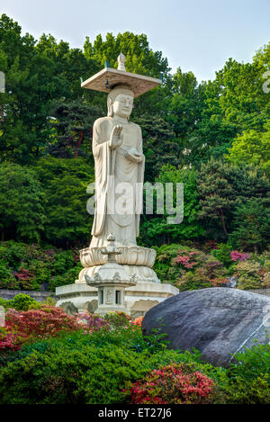 Eine riesige Buddhastatue blickt über Bongeunsa-Tempel in Seoul, Südkorea. Stockfoto