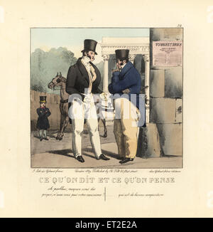 Zwei Herren stand vor der Börse sprechen. Ein hübscher Taxi hinter ihnen. Man sagt, Gott, Ihnen alles zu verspotten, haben Sie kein Gewissen? Er denkt, der gute Komposition. Stockfoto