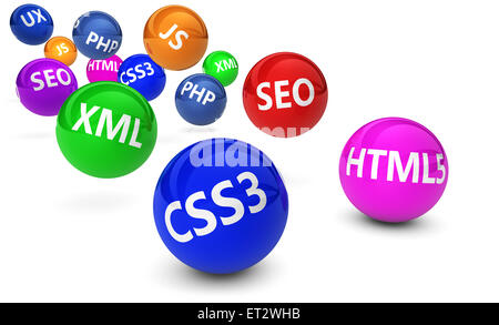 Webdesign, Internet und SEO-Konzept mit Programmiersprachen Schild an bunten springenden Kugeln auf weißem Hintergrund. Stockfoto
