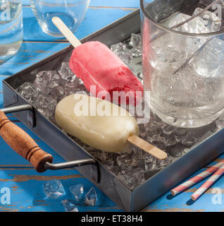 Zwei handwerkliche Eis Eis am Stiel auf einem Tablett mit Krümeln Eis. Stockfoto