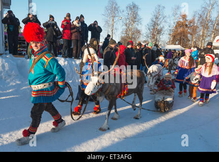 Arctic Circle, Lappland, Skandinavien, Schweden, Jokkmokk, Menschen Sami beim winterfest Stockfoto