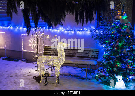 Beleuchtetes Rentier mit weihnachtsbaum vor dem Haus, Bayern, Deutschland Stockfoto