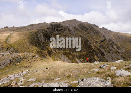 Walker auf minffordd Pfad zu Penygadair (Penygader) Gipfel des Cadair Idris (Cader Idris) massiv Bergkette in Snowdonia Nationalpark Wales UK Stockfoto