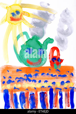 Kinder Zeichnung Farbe Wasserfarben auf Papier. Lächelnde Sonne, Tisch, Tee. Stockfoto