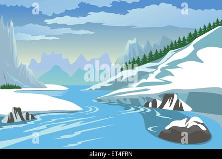 Berge und den Fluss im winter Stock Vektor