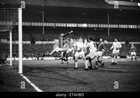 European Cup Gewinner Cup zweite Runde Hinspiel Spiel an der White Hart Lane. Tottenham Hotspur 2 V Manchester United 0. Aktion aus dem Spiel. 3. Dezember 1963. Stockfoto