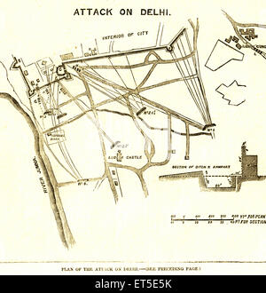 Militär und Gemeinschaft Meuterei Ansichten Plan des Angriffs auf Delhi Karte; Indien Stockfoto