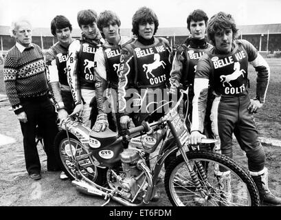 Belle Vue neue Colts team mit seinem Vorgesetzten Ted Connor (links). Sie (von links nach rechts) Gary Clegg, Martin Scarisbrick, Lee Edwards, Paul Heyes, Peter Clegg und Dave Wild. Die Belle-Vue-Colts sind Junioren Jugend-Entwicklungs-Team von Belle-Vue-Asse. Stockfoto