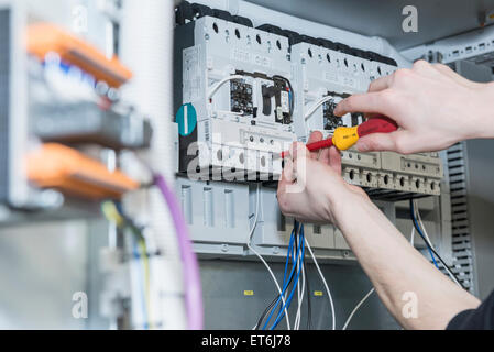 Nahaufnahme der Elektriker Kabel einschrauben Verteilung Sicherungskasten, München, Bayern, Deutschland Stockfoto