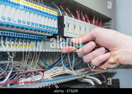 Nahaufnahme der Elektriker verlegen Kabel in Verteilung Sicherungskasten, München, Bayern, Deutschland Stockfoto