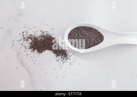 Chia-Samen. Rohe ganze Chiasamen in Keramik Löffel. Natürliches Licht Stockfoto