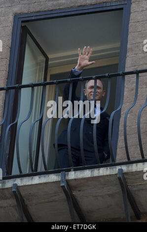 Daniel Craig, Monica Bellucci, Kulturminister Dario Francescini und Roms Bürgermeister Ignazio Marino erscheinen auf dem Balkon vor einem Fototermin zur Förderung der 24. James Bond film "Spectre" Featuring: Daniel Craig Where: Rom, Italien bei: Kredit-18. Februar 2015: IPA/WENN.com ** nur verfügbar für die Veröffentlichung in UK, USA, Deutschland, Österreich, Schweiz ** Stockfoto