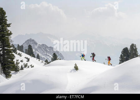 Skibergsteiger Klettern auf schneebedeckten Gipfel, Tirol, Österreich Stockfoto