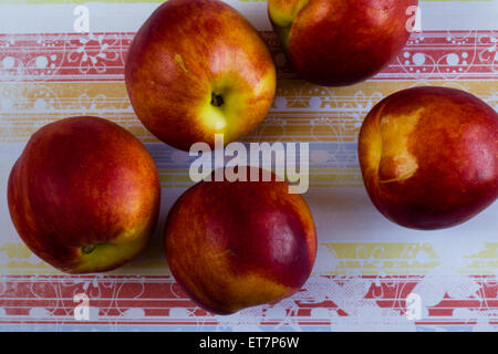 Frucht: fünf frische Nektarinen, Prunus Persica, auf einem gemusterten Hintergrund, frühen Bomba von Agricola in Spanien angebaut Stockfoto