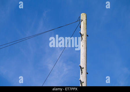 Hölzerne Telegrafenmast mit Telefonleitungen gegen ein strahlend blauer Himmel mit Exemplar Stockfoto
