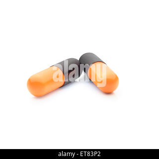 Zwei Pillen isoliert auf weißem Hintergrund Stockfoto
