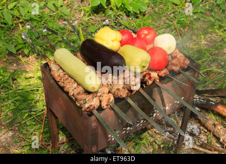 Fleisch und Gemüse werden auf dem Grill geröstet. Stockfoto