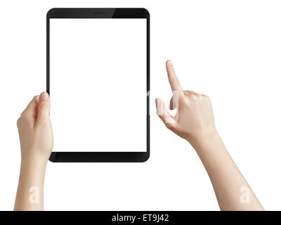 weibliche Hand mit einem Tablet-pc mit weißer Bildschirm Stockfoto
