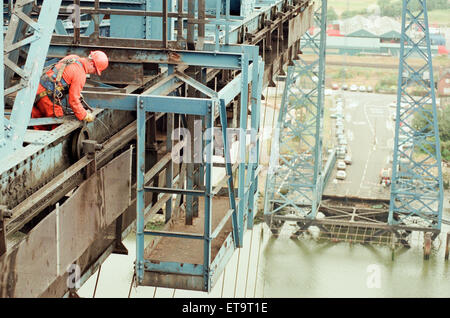 T-Stücke Schwebefähre, Middlesbrough, 5. September 1995. Regelmäßige Wartungsarbeiten sind erfolgt. Stockfoto