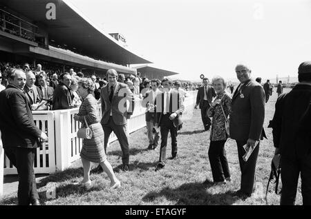 Eigentümer und besondere Gäste verlassen den Kurs vor dem Start des Rennens 1971 Andy Capp Handicap in Redcar 19. Juni 1971 Stockfoto