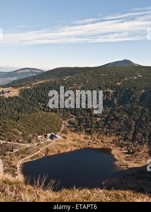 Maly Staw See mit Sneizka Hügel im Hintergrund im Riesengebirge Stockfoto