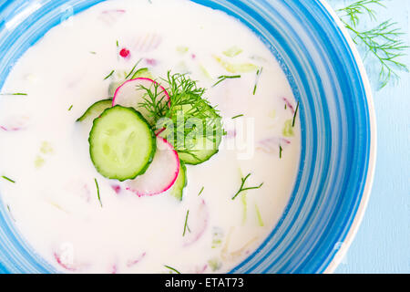 Kalter Sommer Suppe mit Joghurt und Gemüse und Kräuter hautnah Stockfoto