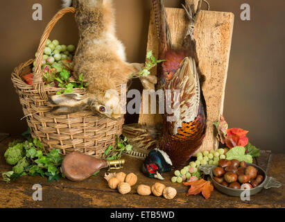 Antike alte Meister Jagd Stillleben mit Fasan und Hase Stockfoto