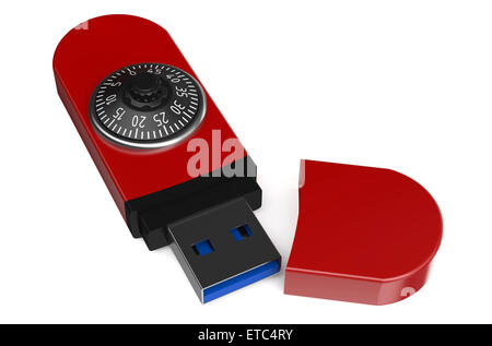 rot-flash-Laufwerk mit einem Zahlenschloss isoliert auf weißem Hintergrund Stockfoto