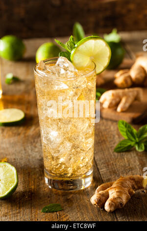 Erfrischende Golden Ginger Beer mit Limette und Minze Stockfoto