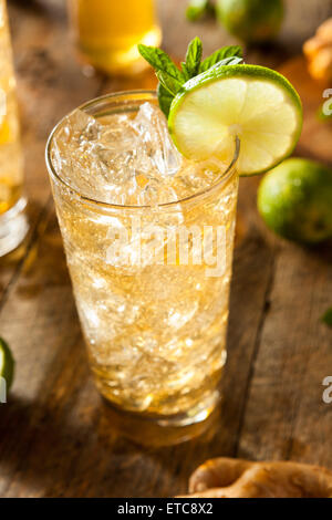 Erfrischende Golden Ginger Beer mit Limette und Minze Stockfoto