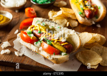 Hausgemachte Chicago Style Hotdog mit Senf Relish Tomaten und Zwiebeln Stockfoto