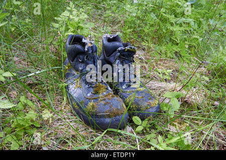 alte Stiefel mit Moos bedeckt Stockfoto