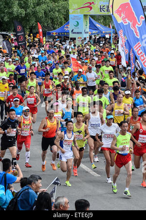 Changchun, China Jilin Provinz. 13. Juni 2015. Athleten kämpfen während der Changchun Jingyuetan Wald Marathon in Changchun, Jilin Provinz Nordost-China, am 13. Juni 2015. © Wang Haofei/Xinhua/Alamy Live-Nachrichten Stockfoto