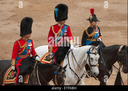 Horse Guards Parade, London, UK. 13. Juni 2015. Die königliche Prozession Inspektion der Zeile enthält den königlichen Colonels: seine königliche Hoheit der Prinz von Wales (Oberst Welsh Guards), His Royal Highness The Duke of Cambridge (Oberst Irish Guards) und ihre Königliche Hoheit The Princess Royal (Oberst The Blues and Royals). HRH The Queen nimmt den Gruß und inspiziert die Parade am Trooping der Farbe, die Queen Geburtstag Parade. Bildnachweis: Malcolm Park Leitartikel/Alamy Live-Nachrichten Stockfoto