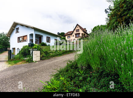 Typische elsässische Haus im kleinen Dorf, Bas-Rhin, Frankreich. Tourismus und Reisen-Konzept. Stockfoto