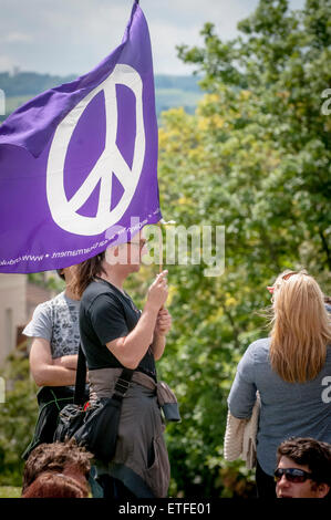 Exeter, Devon, UK. 13. Juni 2015. Mann hält eine CND Fahne auf der Devon "Ende Sparmaßnahmen jetzt!" Rallye organisiert in Northernhay Gärten, Exeter auf June13th, 2015 in Exeter, UK Credit: Clive Chilvers/Alamy Live News Stockfoto