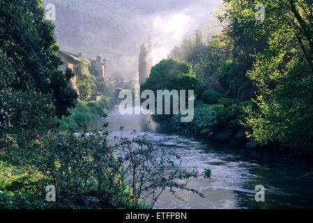 Einer frühen Morgennebel steigt oberhalb des Flusses Ninfa in den Gärten von Ninfa südlich von Rom, Italien. Stockfoto