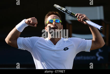 Stuttgart, Deutschland. 13. Juni 2015. Viktor Troicki Serbien feiert nach seinem Sieg im Halbfinale des ATP-Tennis-Turnier gegen Marin Cilic Kroatien in Stuttgart, Deutschland, 13. Juni 2015. Foto: MARIJAN MURAT/DPA/Alamy Live-Nachrichten Stockfoto