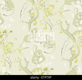 Abstract Grunge Musterdesign. Bäume und Affen. Exotische Wald Motiv Hintergrund Stock Vektor