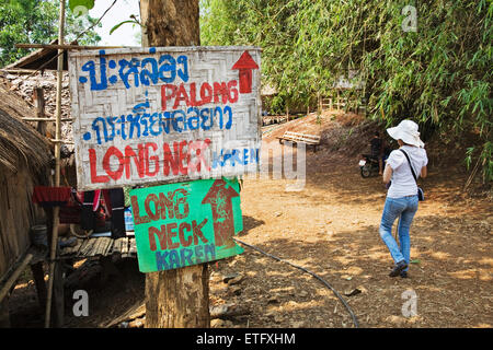 Zeichen für die verschiedenen Gruppen der Stämme in der Bergvölker Siedlung Dorf in der Nähe von Chiang Rai. Stockfoto