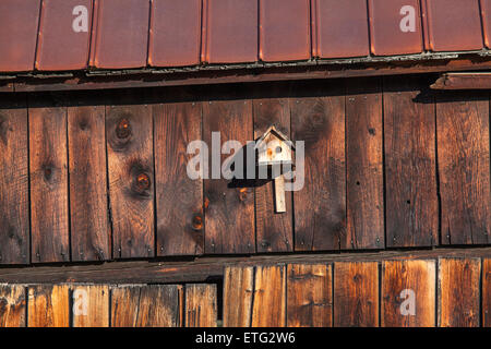 Ein kleines Vogelhäuschen an der Seite einer alten Scheune befestigt. Viele verwitterte Holz Textur und Tiefe, reiche, rötlich-braune Farbe. Stockfoto